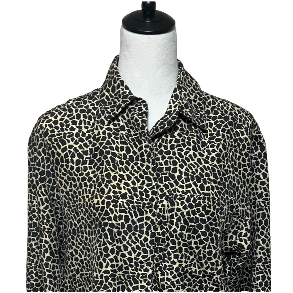 Preston & York Top Womens Small Black Tan Animal Print Silk‎ Button Up Oversized